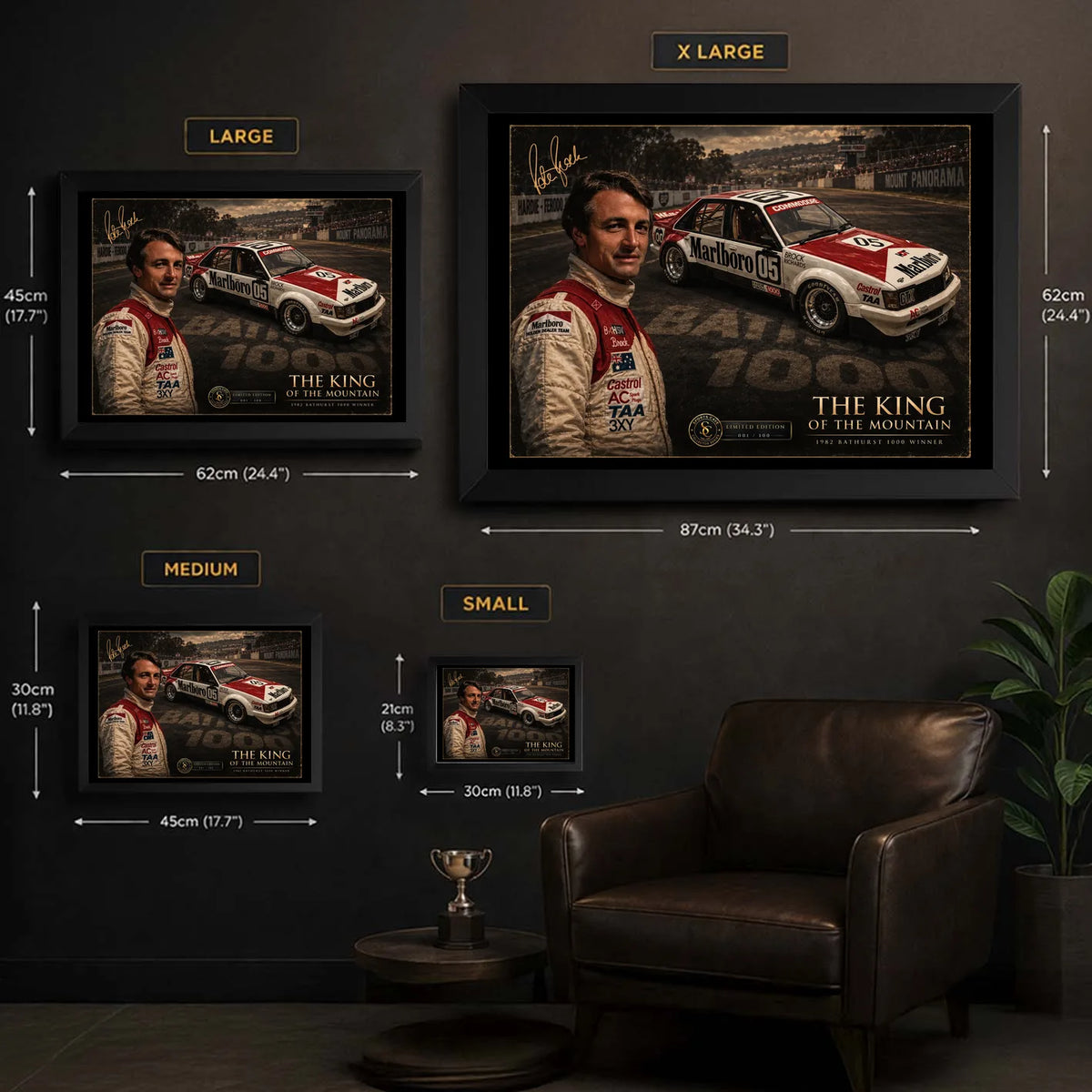 Peter Brock Tribute framed motorsport wall art size guide showing Small, Medium, Large and X Large display proportions.