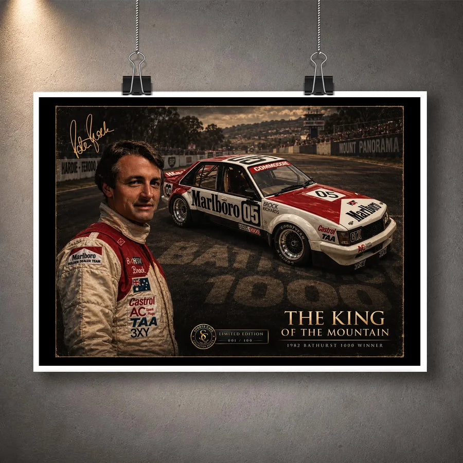 Unframed Peter Brock Tribute motorsport wall art featuring Brock, race car number 05 and Mount Panorama.