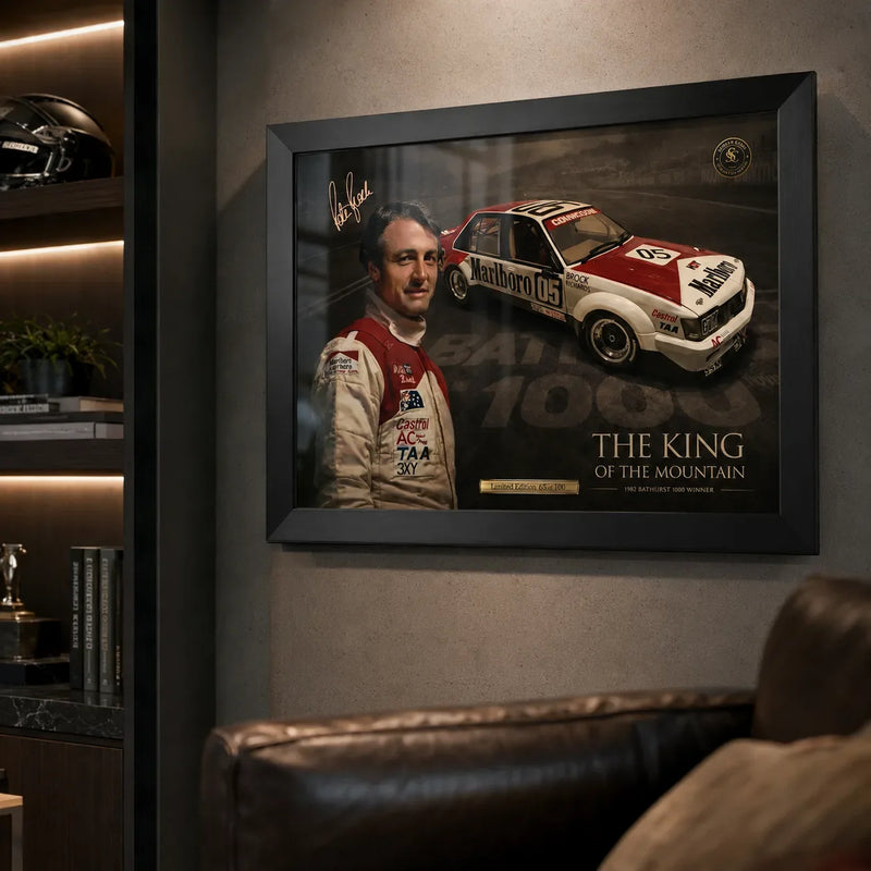 Peter Brock Tribute framed sports memorabilia styled in a dark man cave for old-school V8 racing fans.