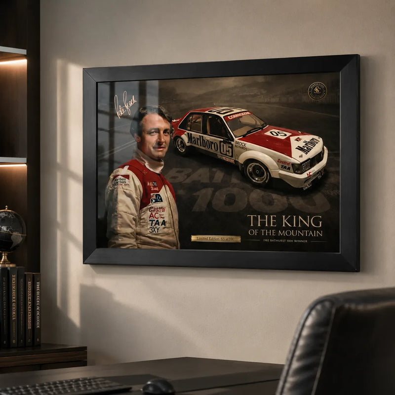 Peter Brock Tribute wall art displayed in a premium office setting for Australian motorsport collectors.