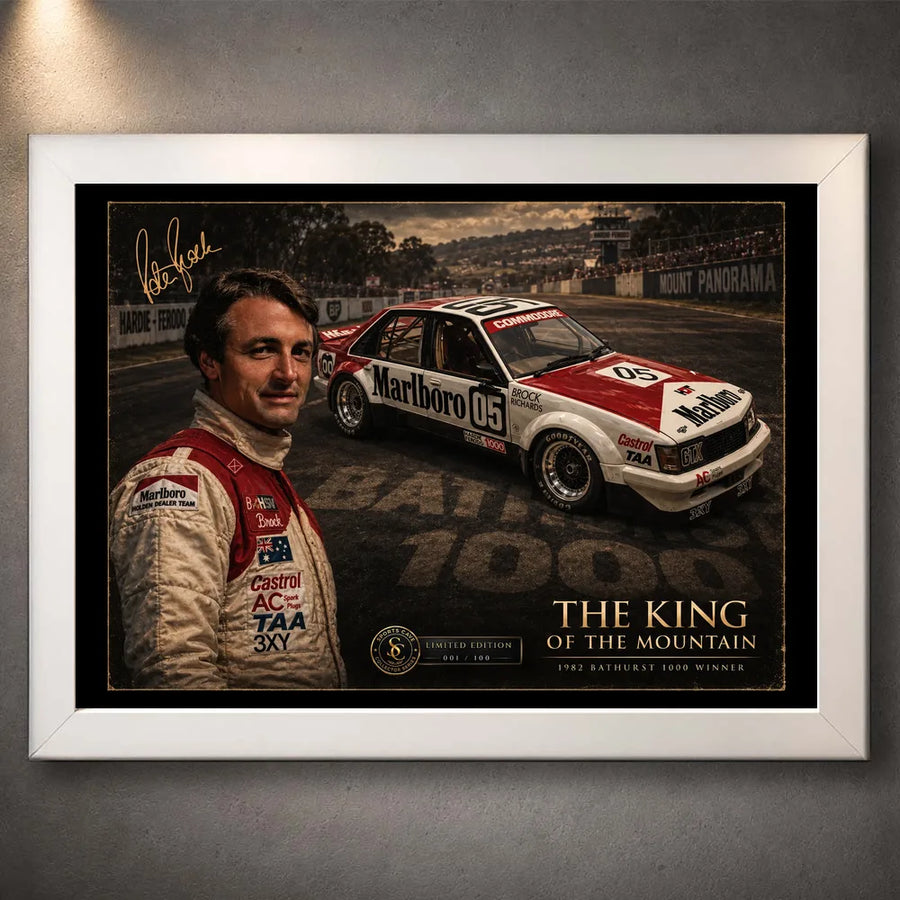 Peter Brock Tribute motorsport wall art in a white frame, featuring Brock, race car number 05 and Mount Panorama.