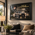 Peter Brock wall art displayed above a sofa in a warm living room, presented in a black frame with natural light.