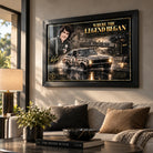 Peter Brock wall art displayed above a sofa in a warm living room, presented in a black frame with natural light.