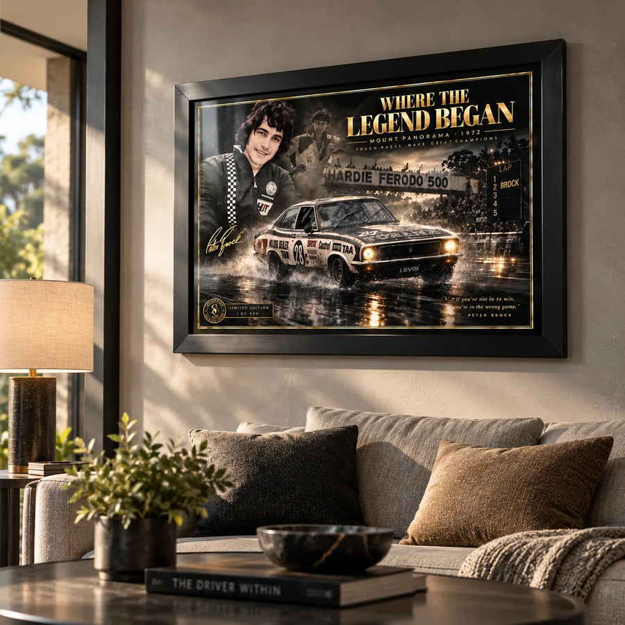 Peter Brock wall art displayed above a sofa in a warm living room, presented in a black frame with natural light.