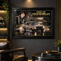 Peter Brock wall art displayed in a dark man cave with warm lighting and a black frame for a motorsport collector setting.