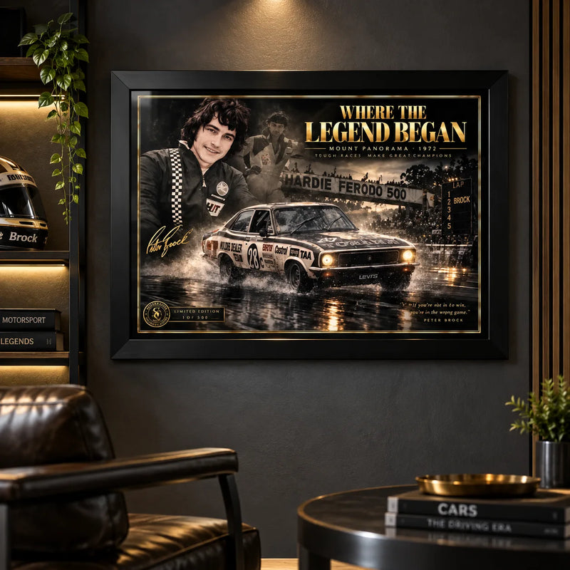 Peter Brock wall art displayed in a dark man cave with warm lighting and a black frame for a motorsport collector setting.