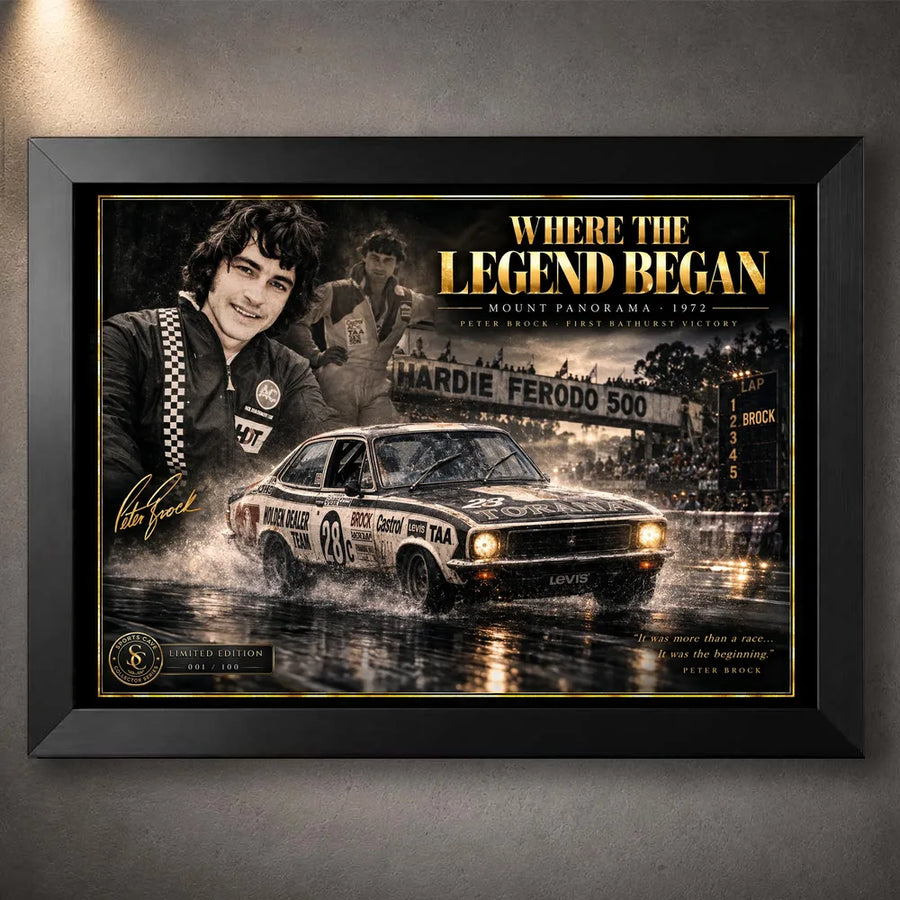 Black framed Peter Brock motorsport wall art featuring the 1972 Mount Panorama Where the Legend Began design.