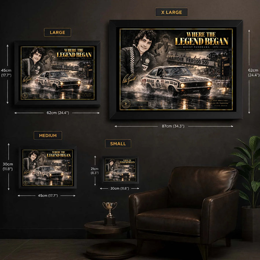Peter Brock wall art size guide showing Small, Medium, Large and XL framed display dimensions in centimetres and inches.