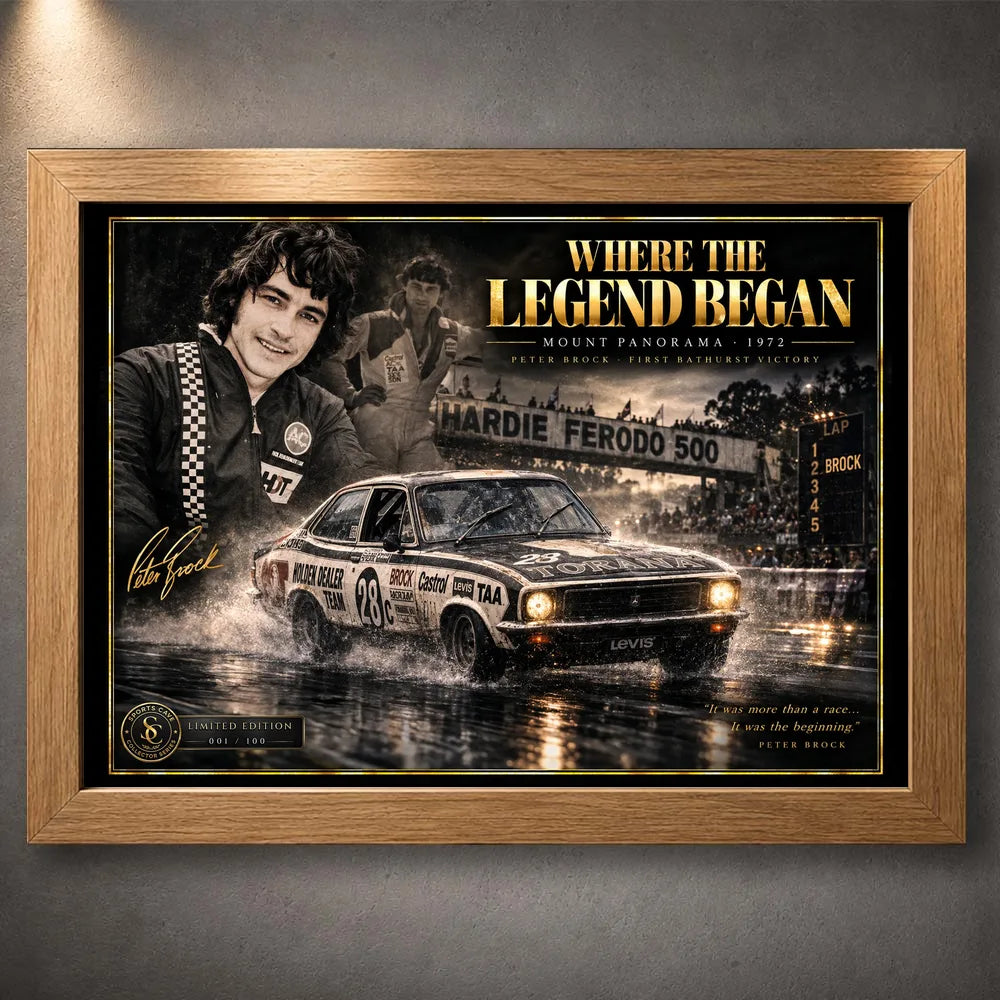 Oak framed Peter Brock motorsport wall art featuring the Where the Legend Began Mount Panorama 1972 design.