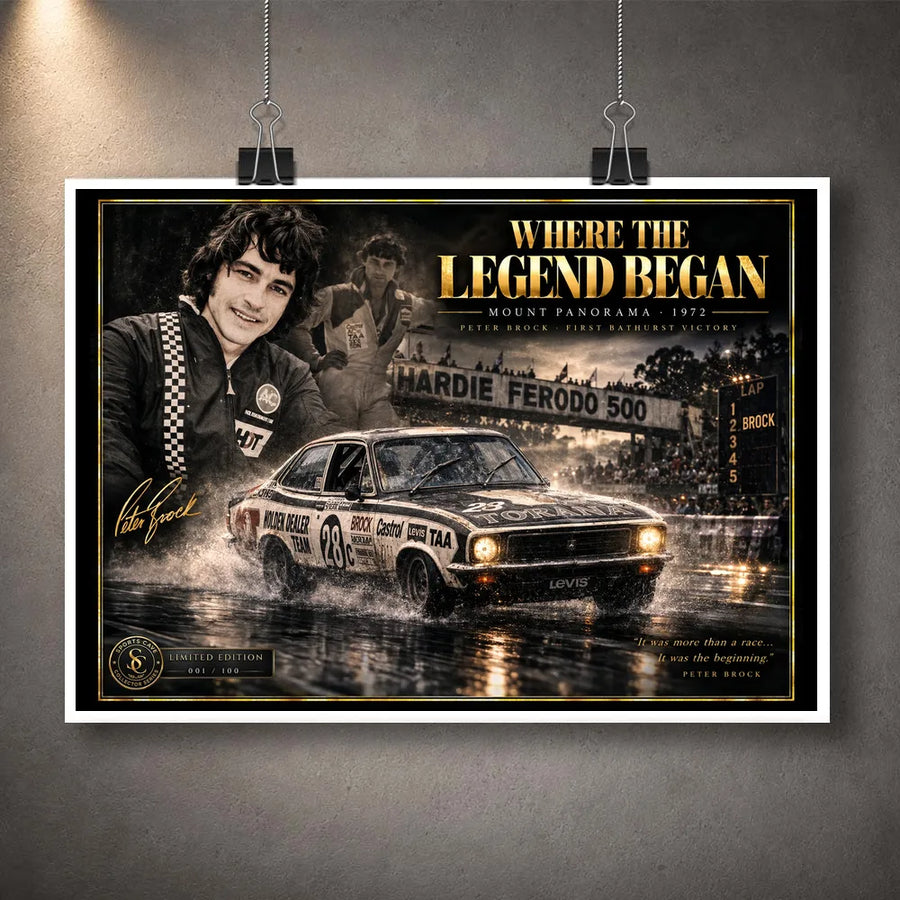 Unframed Peter Brock motorsport wall art featuring the Where the Legend Began Mount Panorama 1972 artwork design.