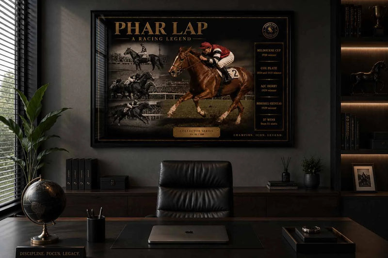 Phar Lap horse racing framed sports memorabilia showcased in a modern executive office setting.