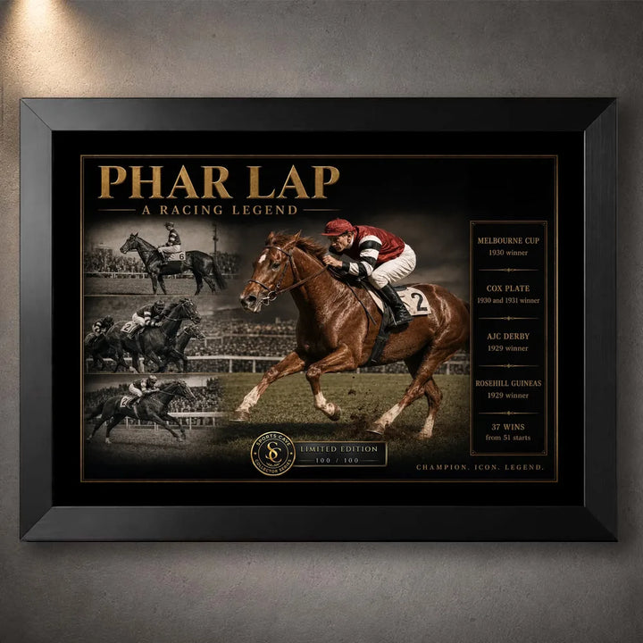 Black framed Phar Lap horse racing wall art featuring vintage racing imagery with gold collector detailing on a dark background.