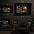 Phar Lap horse racing wall art size guide showing Small, Medium, Large and X Large framed display proportions.