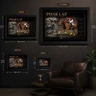 Phar Lap horse racing wall art size guide showing Small, Medium, Large and X Large framed display proportions.