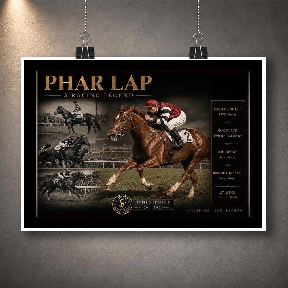 Unframed Phar Lap horse racing wall art print featuring vintage racing imagery with gold collector detailing on a dark background.