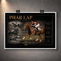 Unframed Phar Lap horse racing wall art print featuring vintage racing imagery with gold collector detailing on a dark background.