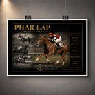 Unframed Phar Lap horse racing wall art print featuring vintage racing imagery with gold collector detailing on a dark background.