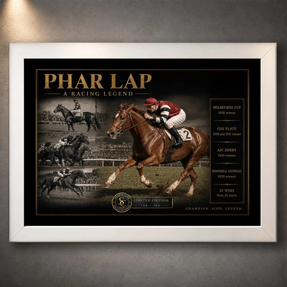 White framed Phar Lap horse racing wall art featuring vintage racing imagery with gold collector detailing on a dark background.