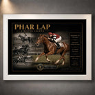 White framed Phar Lap horse racing wall art featuring vintage racing imagery with gold collector detailing on a dark background.