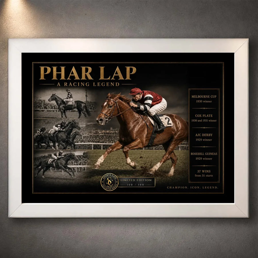 White framed Phar Lap horse racing wall art featuring vintage racing imagery with gold collector detailing on a dark background.