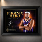 Black framed Devin Booker wall art featuring the Phoenix Hero basketball design for a dedicated fan collection.