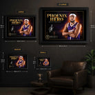 Devin Booker wall art size guide showing the available framed dimensions from Small through X Large.