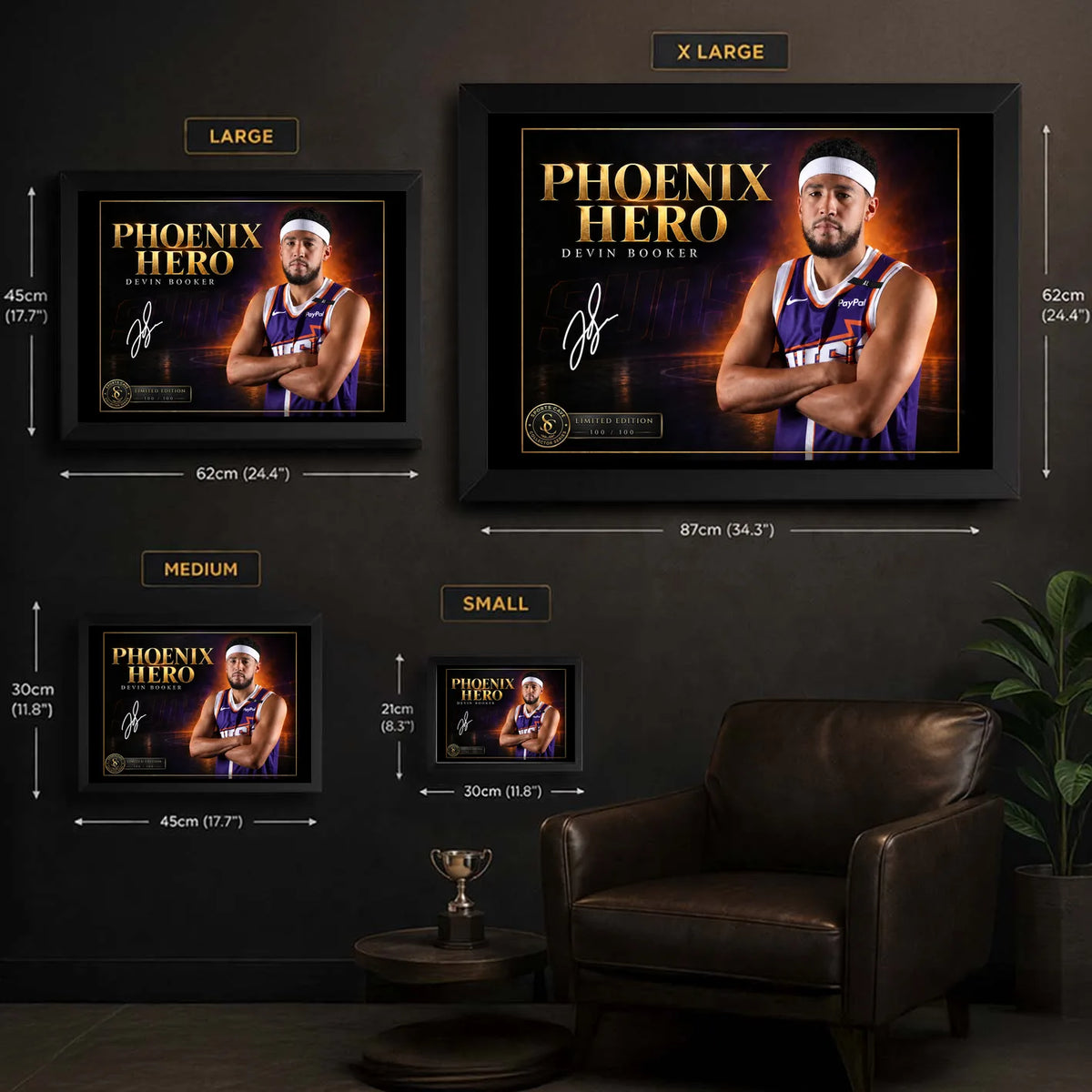 Devin Booker wall art size guide showing the available framed dimensions from Small through X Large.