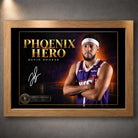Oak framed Devin Booker Phoenix Hero wall art featuring the basketball design in a warm natural wood frame.