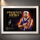 White framed Devin Booker Phoenix Hero wall art featuring the basketball design in a clean white presentation.