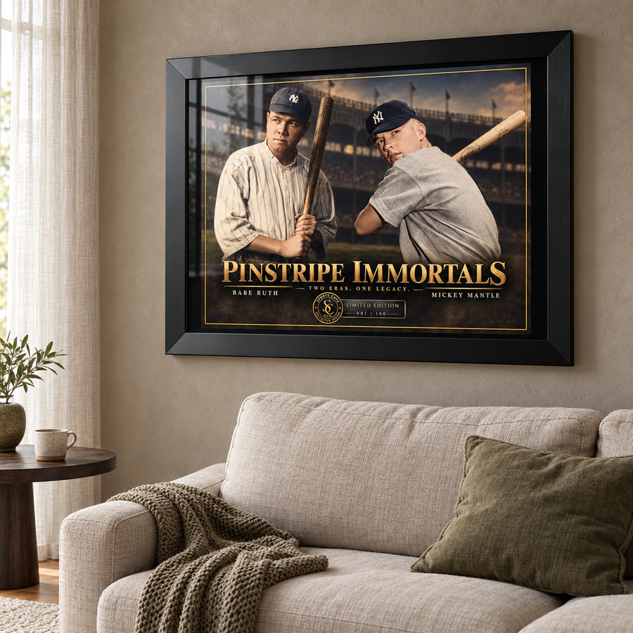 Black-framed Pinstripe Immortals artwork featuring Ruth and Mantle above a cream sofa in a sunlit living room.