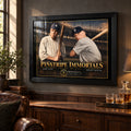 Black-framed Ruth and Mantle Pinstripe Immortals wall art above timber cabinetry in a man cave with leather seating.