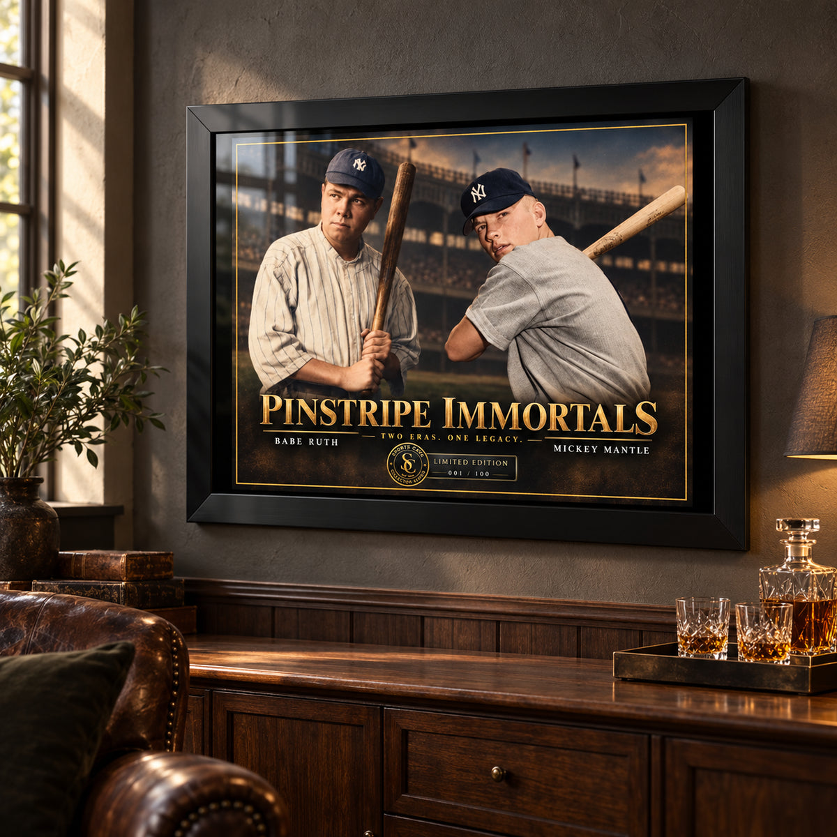 Black-framed Ruth and Mantle Pinstripe Immortals wall art above timber cabinetry in a man cave with leather seating.