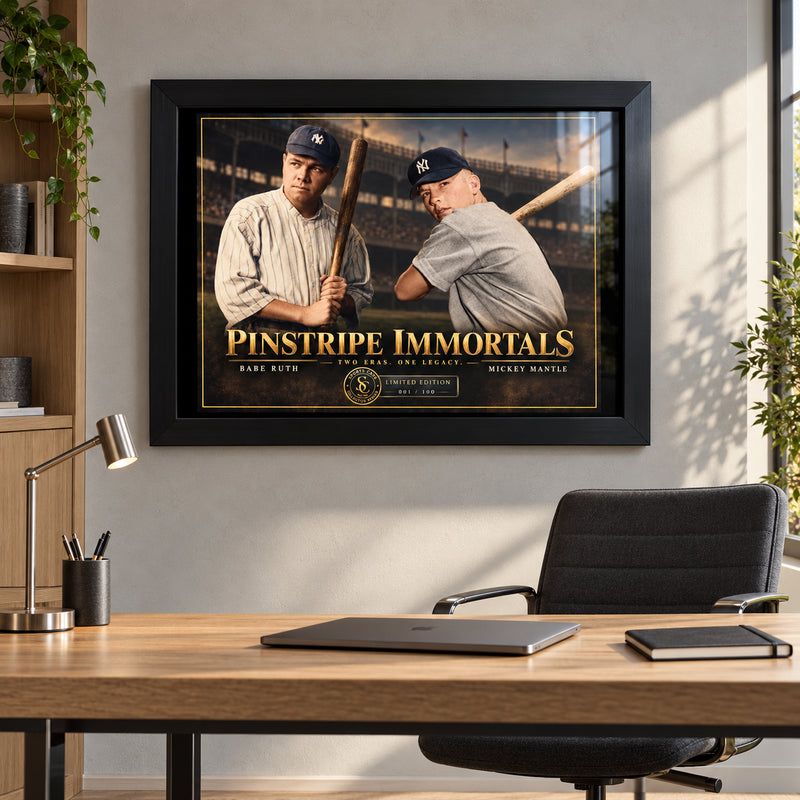 Ruth and Mantle Pinstripe Immortals baseball wall art in a black frame above a timber office desk and laptop.