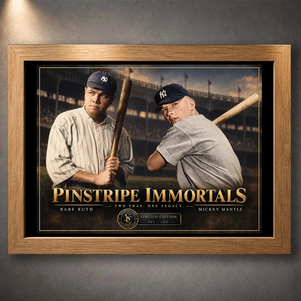 Babe Ruth and Mickey Mantle Pinstripe Immortals baseball wall art shown in an oak frame against a textured wall.