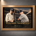 Babe Ruth and Mickey Mantle Pinstripe Immortals baseball wall art shown in an oak frame against a textured wall.