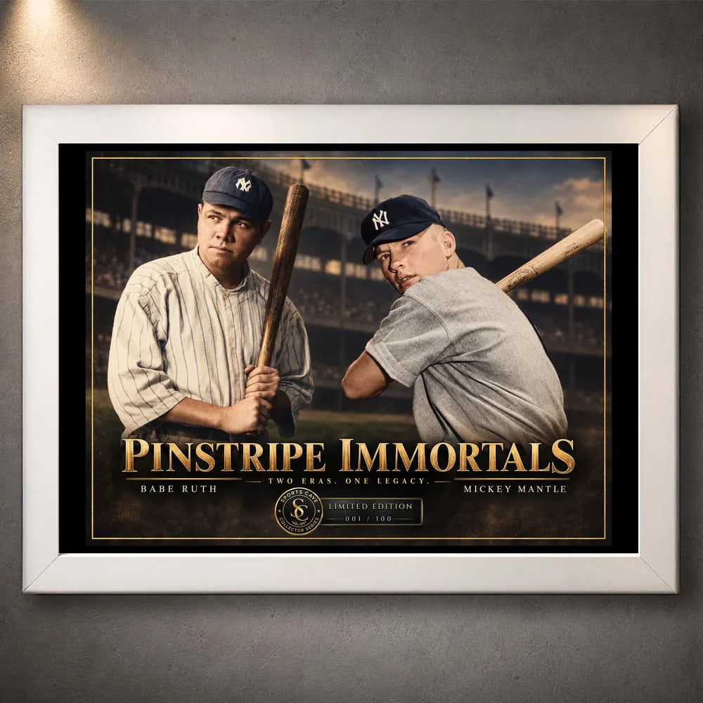 Babe Ruth and Mickey Mantle Pinstripe Immortals baseball wall art shown in a white frame with gold title lettering.