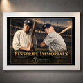 Babe Ruth and Mickey Mantle Pinstripe Immortals baseball wall art shown in a white frame with gold title lettering.