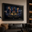 PSG Back To Back wall art displayed in a premium living room setting with cinematic Paris football energy.