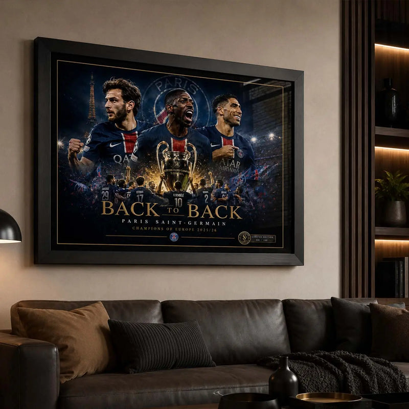 PSG Back To Back wall art displayed in a premium living room setting with cinematic Paris football energy.