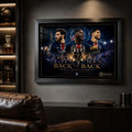 PSG Back To Back wall art in a man cave setting with black frame, blue stadium glow and collector presence.