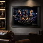 PSG Back To Back wall art in a man cave setting with black frame, blue stadium glow and collector presence.