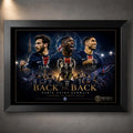 Black framed PSG Back To Back wall art with blue and gold collector styling for Paris Saint-Germain supporters.