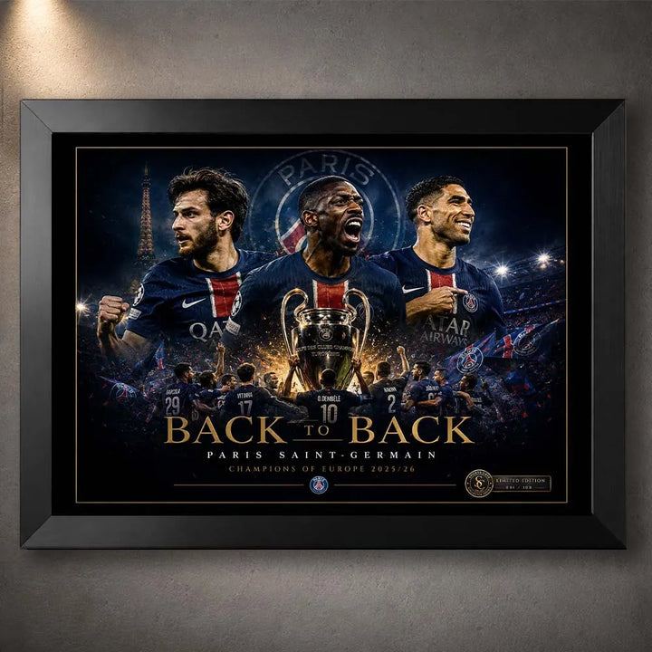 Black framed PSG Back To Back wall art with blue and gold collector styling for Paris Saint-Germain supporters.