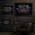 PSG Back To Back framed wall art sizing guide showing all four Sports Cave display sizes for football fans.