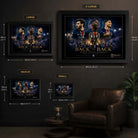 PSG Back To Back framed wall art sizing guide showing all four Sports Cave display sizes for football fans.
