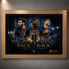 Oak framed PSG Back To Back wall art with warm timber frame and bold blue Paris collector presentation.