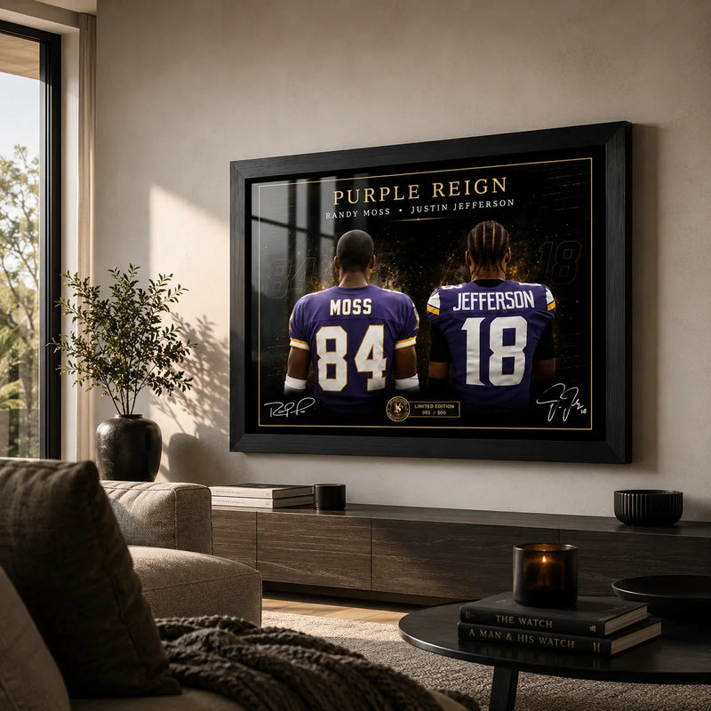 Purple Reign Randy Moss and Justin Jefferson wall art in a modern living room, shown in a black frame.