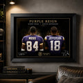 Purple Reign Randy Moss and Justin Jefferson wall art displayed in a dark sports man cave with black framing.