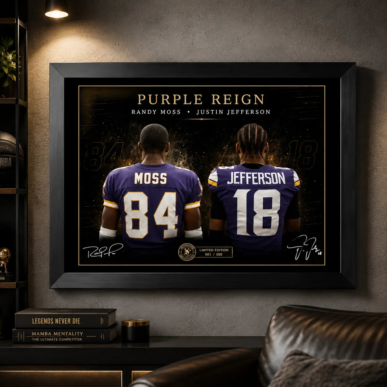 Purple Reign Randy Moss and Justin Jefferson wall art displayed in a dark sports man cave with black framing.