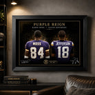 Purple Reign Randy Moss and Justin Jefferson wall art displayed in a dark sports man cave with black framing.